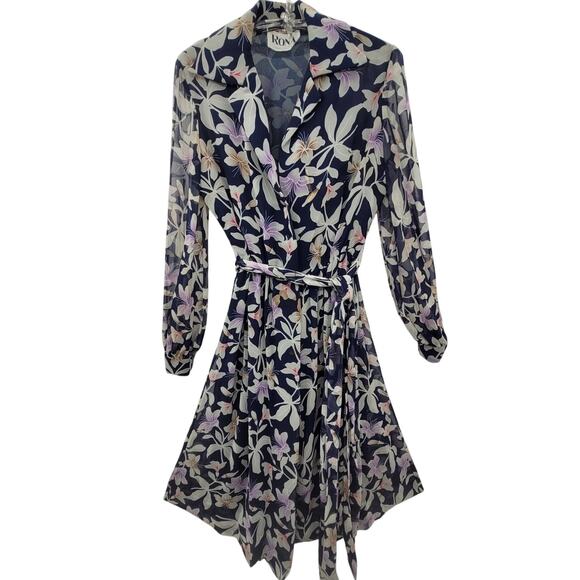 Roma Vintage Floral Sash Waist Long Sheer Sleeve Flowy Maxi Fit n‎ Flare Dress - Picture 1 of 13